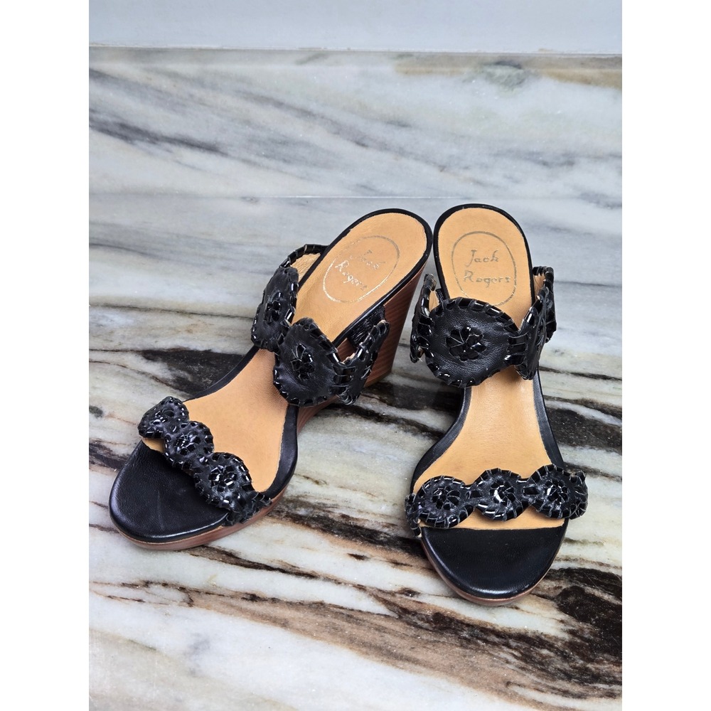 Jack Rogers Womens Black Leather Whipstitched Rondelle Wedge Sandals Size 6M